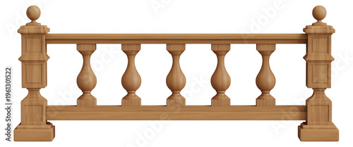 Brown wooden balustrade with ornate balusters and posts wooden railing isolated on a transparent background