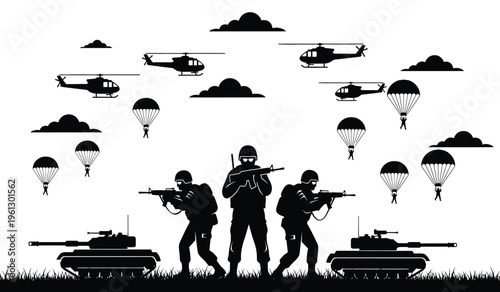 Military silhouette scene with soldiers tanks helicopters and parachutes in a combat setting