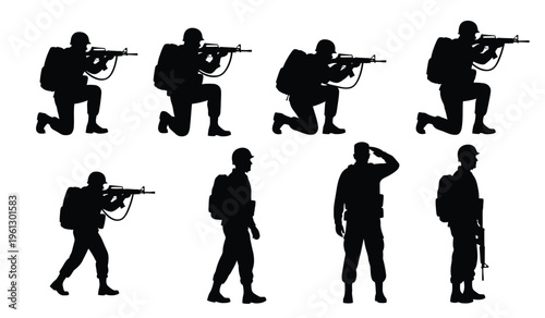 Silhouette of soldiers in various combat positions and saluting black figures on white background silhouette