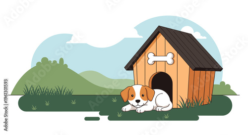 Cute white and brown puppy lying in front of a wooden doghouse with a bone sign in a green field landscape background.