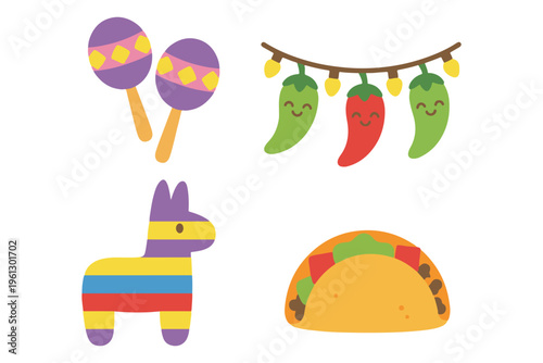 Cute Mexican Fiesta Celebration Vector, Pinata Taco and Maracas Illustration, Cinco de Mayo Party Elements