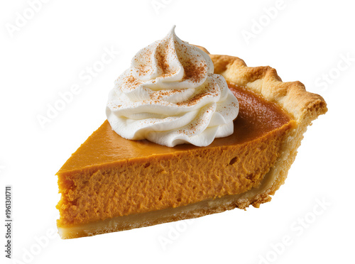 Tableau sur toile Isolated delicious slice of traditional pumpkin pie topped with fluffy whipped c