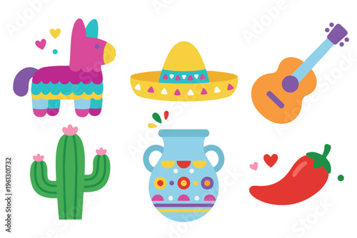 Colorful Mexican Culture Vector Collection, Sombrero Guitar and Cactus Illustration, Fiesta Party Clipart Set