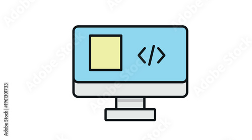 Desktop computer monitor icon with HTML code brackets on screen, flat vector illustration in soft pastel colors for web development, programming and software engineering.