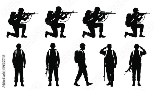 Silhouette of soldiers and businessmen in various poses silhouette