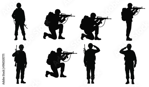 Silhouette of soldiers in various combat and salute positions black silhouettes on white background