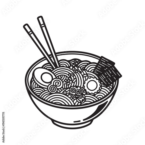 An illustration of a bowl of noodles with chopsticks and boiled egg on the table indoors.