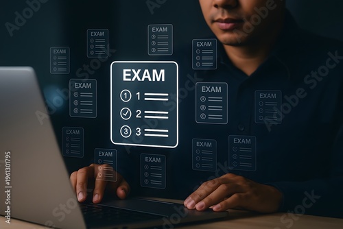 Person is intently using a laptop with a prominent glowing 'exam' interface displaying numbered questions, surrounded by multiple glowing digital document icons on a dark background.
