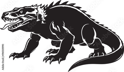 Bold Black And White Komodo Dragon Stalking With Tongue Extended