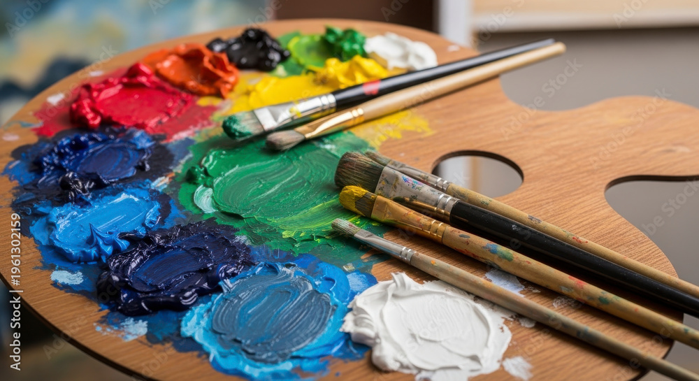 Obraz premium Colorful artist's paint palette with brushes on a table