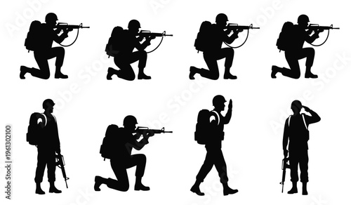 Silhouette of soldiers in various combat positions and movements silhouette