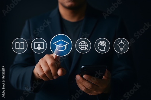Professional selecting graduation icon on virtual interface, representing education services, digital learning, and academic opportunity access