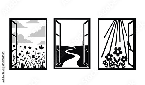 Triptych window silhouette views of nature landscape with flowers clouds and path