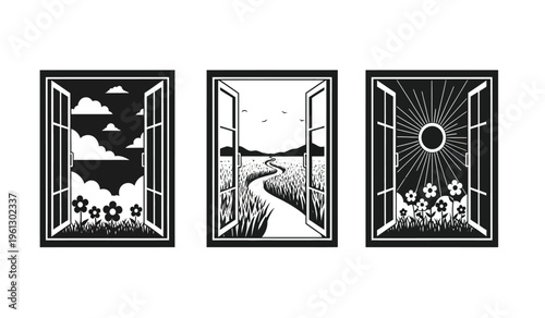 Triptych silhouette art with floral patterns and abstract designs in black and white