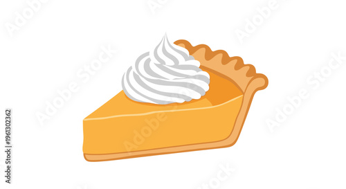 Slice of delicious pumpkin pie topped with a generous swirl of whipped cream for Thanksgiving or autumn dessert.