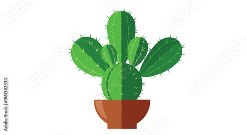 Symmetric green cactus plant with multiple segments in a brown pot for modern minimalist botanical home decoration.