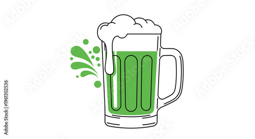 Large glass mug of green beer with foam and bubbles for Saint Patricks Day celebration in a simple line art style.