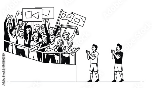 A silhouette of two men standing in front of a cheering crowd with flags and banners watching a sports event with excitement and anticipation