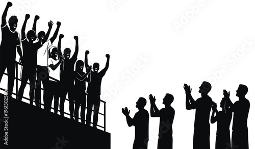 Silhouette of a group of people cheering and celebrating on a raised platform and below with raised arms in triumph and solidarity