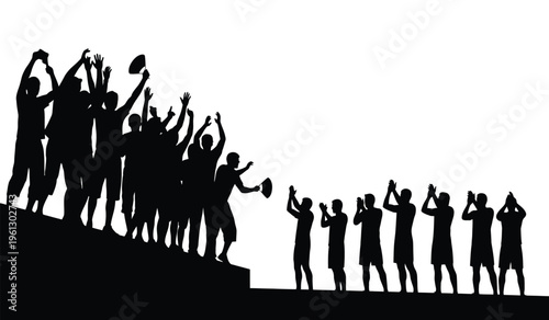 Silhouette of a group of people cheering and celebrating on a hilltop with raised arms and flags in a victorious gesture silhouette
