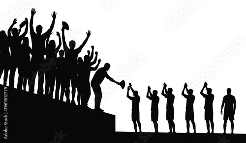 Silhouette of a group of people reaching out to help others climb up