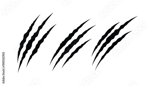 A silhouette of sharp black claw marks on a plain white background resembling tiger or animal scratches forming a menacing pattern