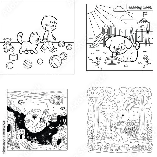 Children playing and animals enjoying outdoor activities with black and white