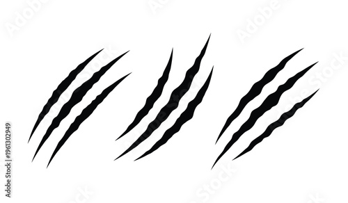 A silhouette of three tiger claw marks on a white background resembling a fierce animal attack or a wild beast's signature silhouette
