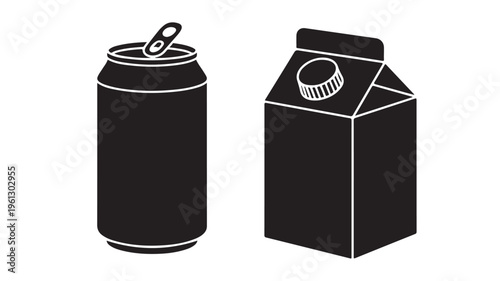 Beverage Packaging Soda Can and Juice Carton Black and White Product Illustration