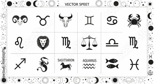 Twelve astrological zodiac symbols are clearly depicted within a.