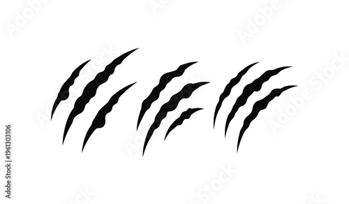 A silhouette of sharp black claw marks on a plain white background resembling tiger or bear scratches