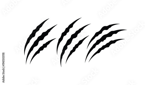 A silhouette of sharp black claw marks on a plain white background resembling a tiger or bear scratch
