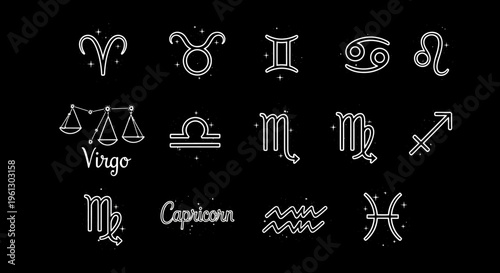 Minimalist zodiac symbols glow with thin white lines on a dark background.