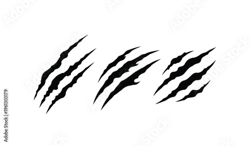 A silhouette of sharp black claw marks on a plain white background resembling tiger or animal scratches