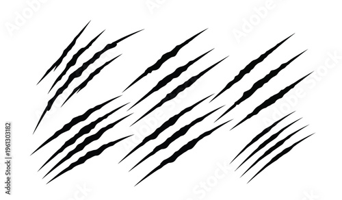 A silhouette of multiple sharp black claw marks on a plain white background resembling tiger or animal scratches