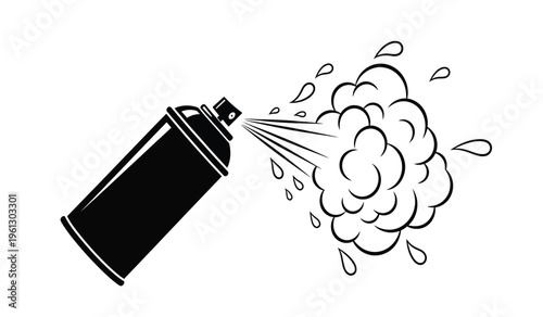 A silhouette of a spray can releasing a cloud of spray creating a misty atmosphere with droplets silhouette