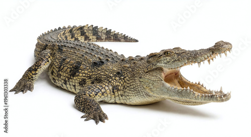 Realistic 3D model of an aggressive saltwater crocodile with open jaws on white background
