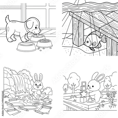 Cute cartoon puppy and kitten begging for food, vector line art coloring page, food bowls