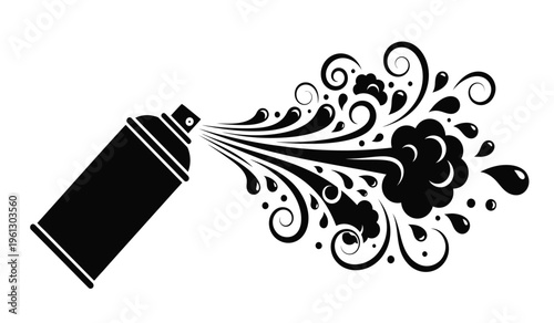 Black silhouette of spray can creating floral design art and patterns with spray paint in a creative and artistic way silhouette