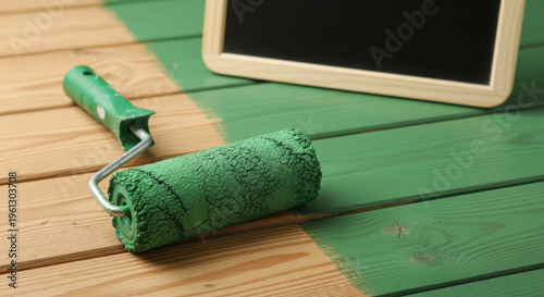 paint roller on wooden floor with green paint and chalkboard