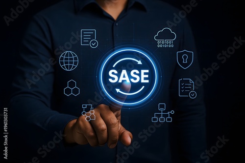 Man's finger points directly at a glowing sase (secure access service edge) icon, surrounded by a comprehensive network of cloud and cybersecurity symbols, illustrating modern it infrastructure.