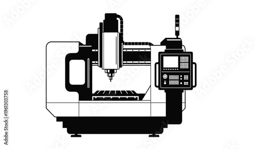 Silhouette of a cnc milling machine with control panel and tool holder