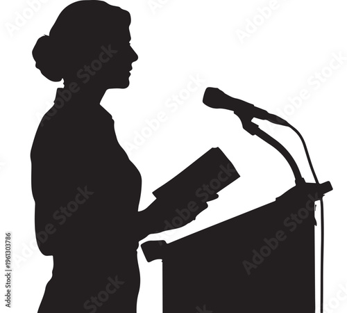 Businesswoman at Podium Silhouette Speaking at Corporate Presentation Isolated on White