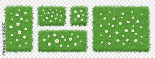Set of five rectangular banners, platforms with a lush grass texture and white meadow flowers on a transparent background. Green lawn, grassy meadow. Vector EPS 10.
