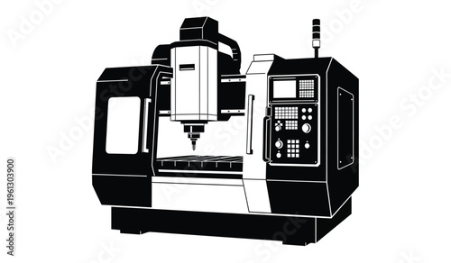 Black silhouette of a computer numerical control milling machine with control panel