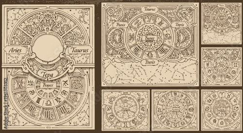 Detailed astrological wheel design, an ornate graphic resource with.