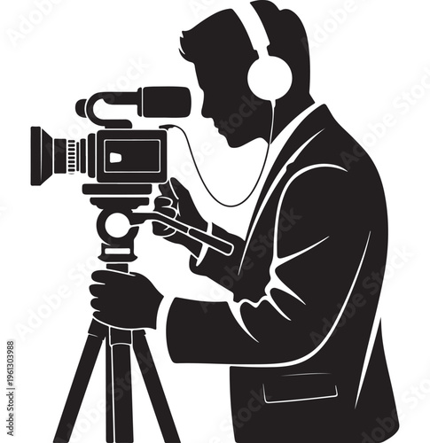 Videographer Silhouette Recording with Professional Camera for Media Production