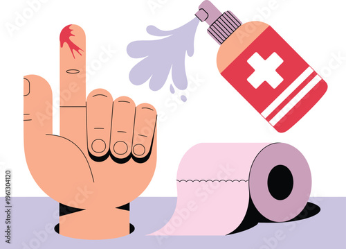 First aid application: sprayed antiseptic on injured finger with bandage roll with antiseptic spray