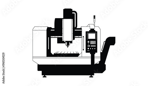 Silhouette of a cnc milling machine with control panel and tooling