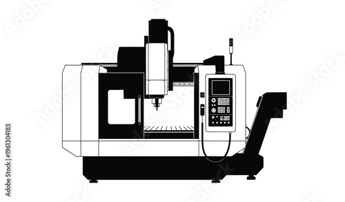 Silhouette of a cnc milling machine with control panel and robotic arm